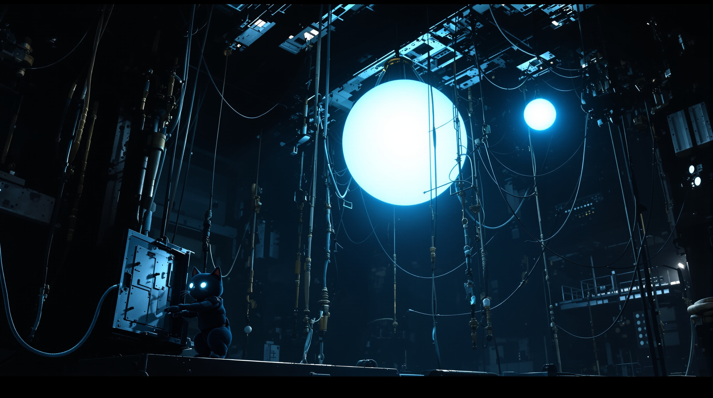 A small robot cat with glowing cyan eyes stands at an open junction panel on a catwalk in a dark engineering bay, dwarfed by a dense tangle of cables, rods and clamps suspending two glowing spheres of light overhead