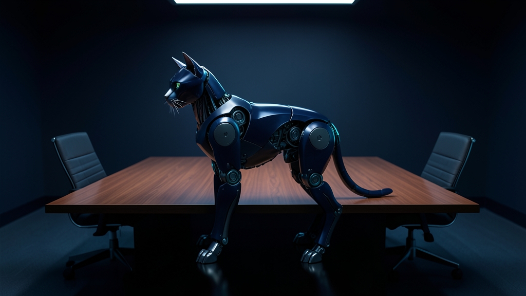 A dark navy robot cat with cyan edges in a long table set for a weekly meeting with one empty chair