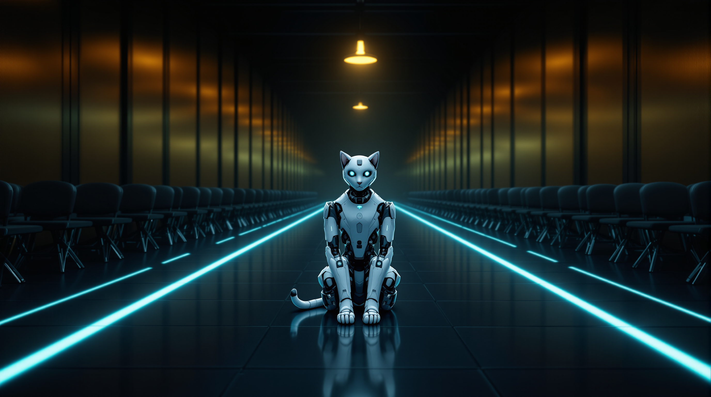 A single sleek robot cat with pale plating and glowing cyan eyes sits in the classic cat pose at the centre of a vast dim hall, front legs straight down and tail curled beside it, with long rows of empty dark chairs receding into the distance on both sides, two cyan light strips running along the polished floor and one warm amber lamp hanging overhead