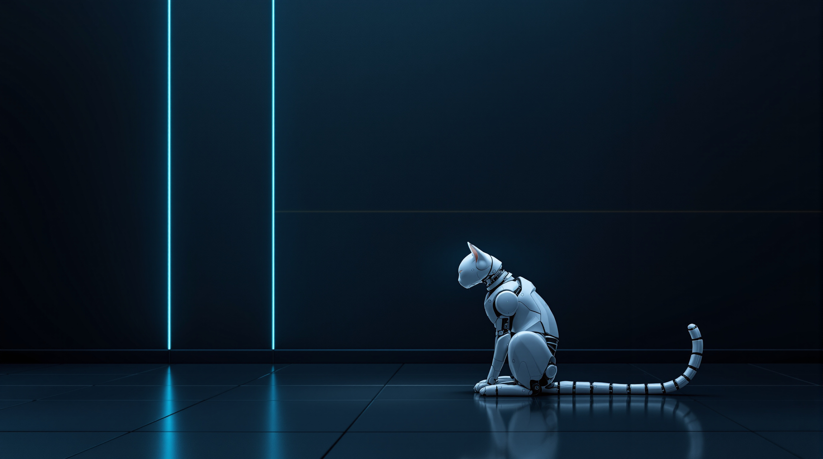 A single pale robot cat sits in profile on a dark reflective navy floor with its head bowed and its long segmented tail stretched out behind it, while two tall vertical cyan light lines glow on the dark wall far to the other side of the frame