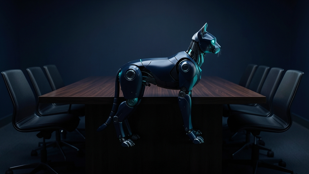 A dark navy robot cat with cyan edges in a long table set for a weekly meeting with one empty chair