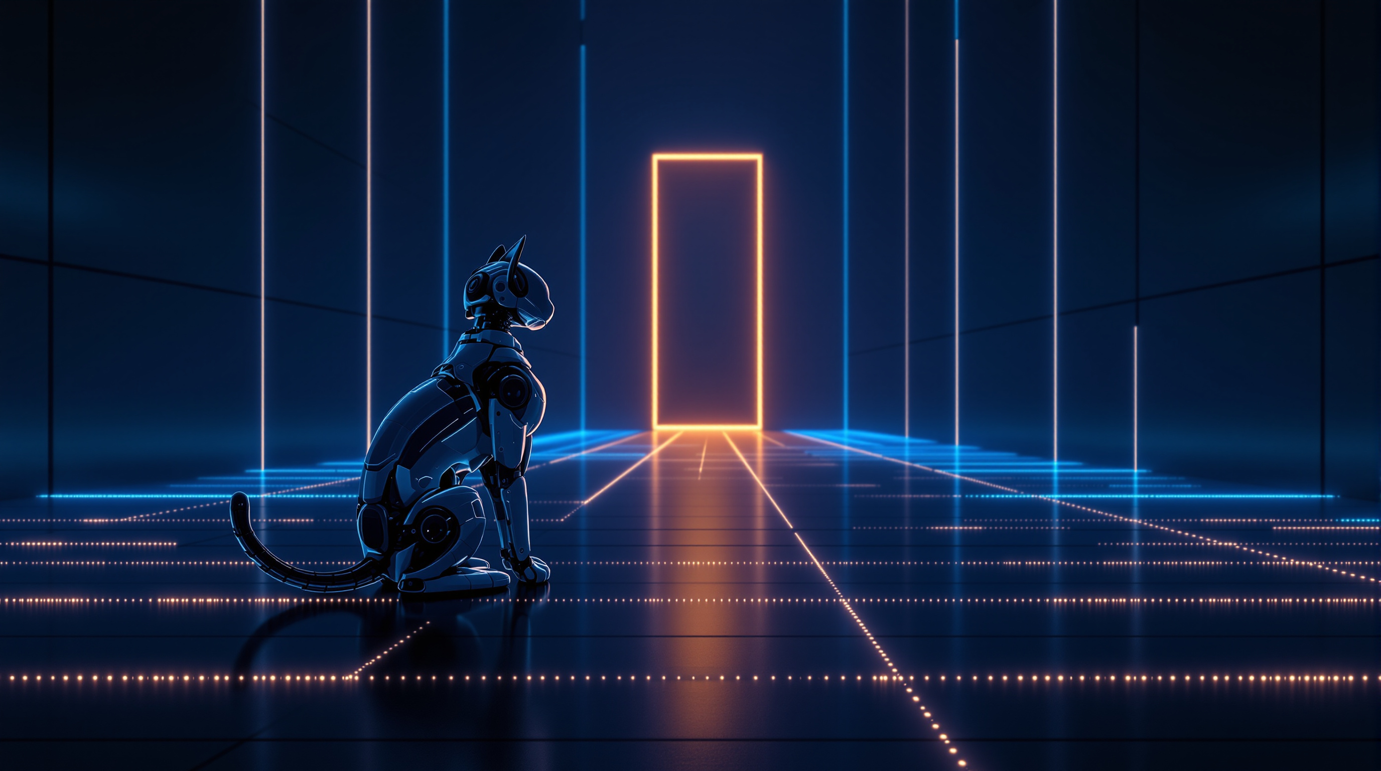 A single robot cat sits in profile on a dark reflective navy floor at the left, facing a tall narrow doorway glowing warm amber in the distance, while dozens of cyan and amber light tracks run across the floor and converge into that one opening