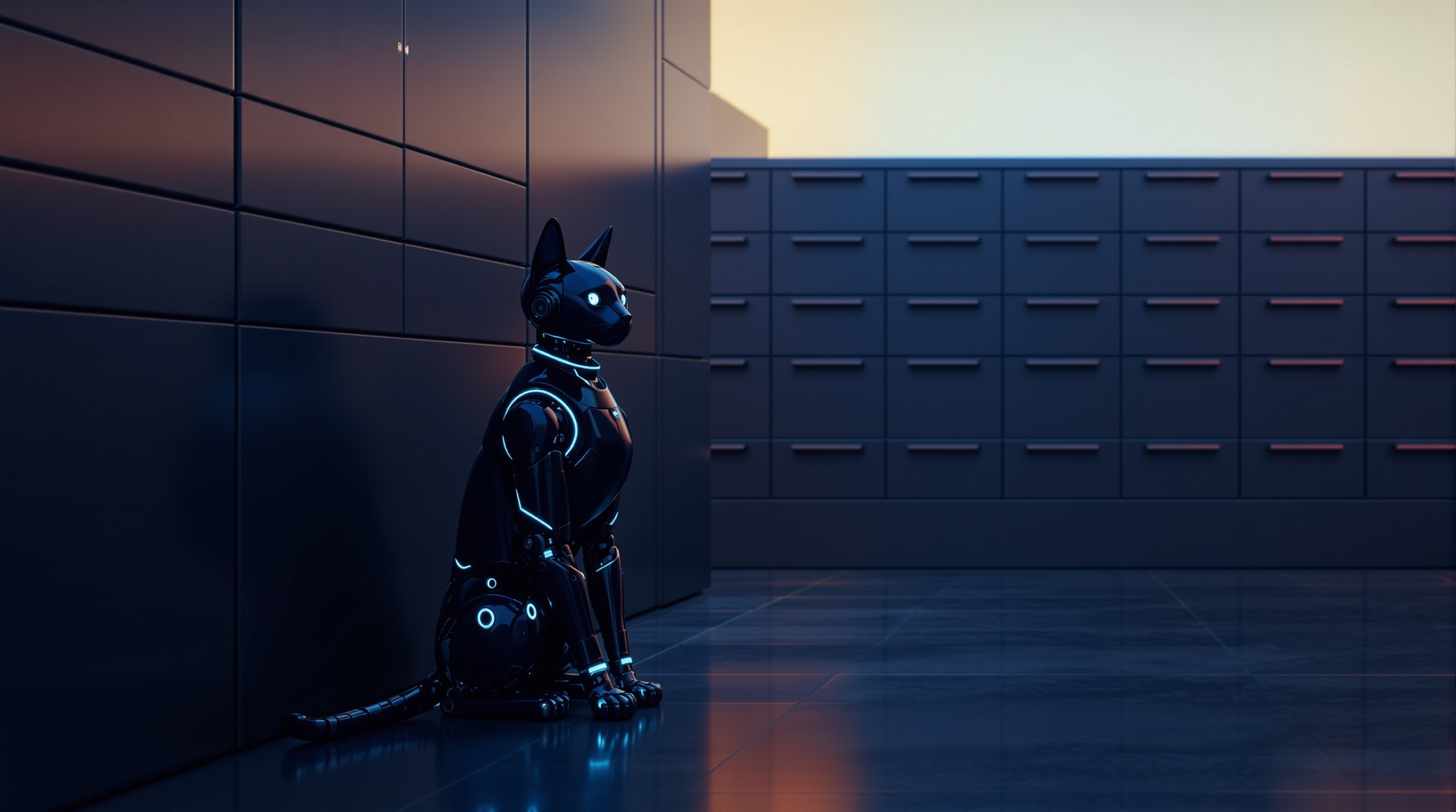 A dark navy robot cat with cyan edges in a wall of shallow steel drawers, most of them shut, a few standing open