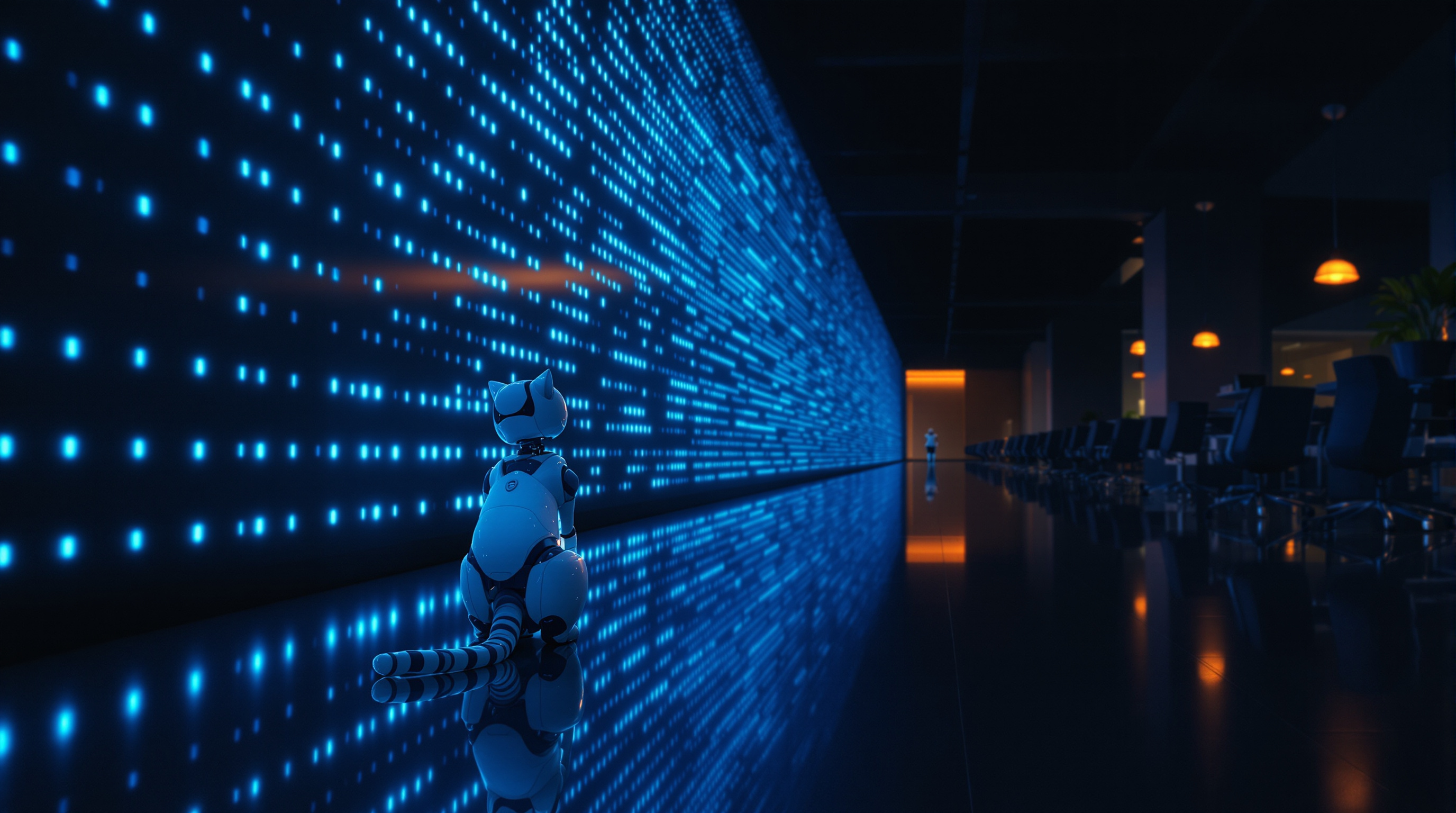 A single robot cat with pale plating and a long segmented tail sits alone in profile on a dark reflective floor in a long empty office corridor at night, facing a towering wall of small glowing cyan lights that are all still switched on, rows of empty desks and chairs receding into the dark on the right, two warm amber pendant lamps at the far end