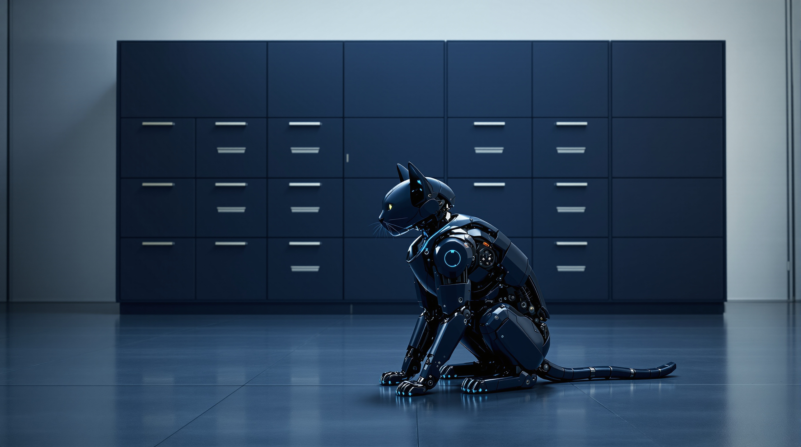 A dark navy robot cat with cyan edges in a wall of shallow steel drawers, most of them shut, a few standing open