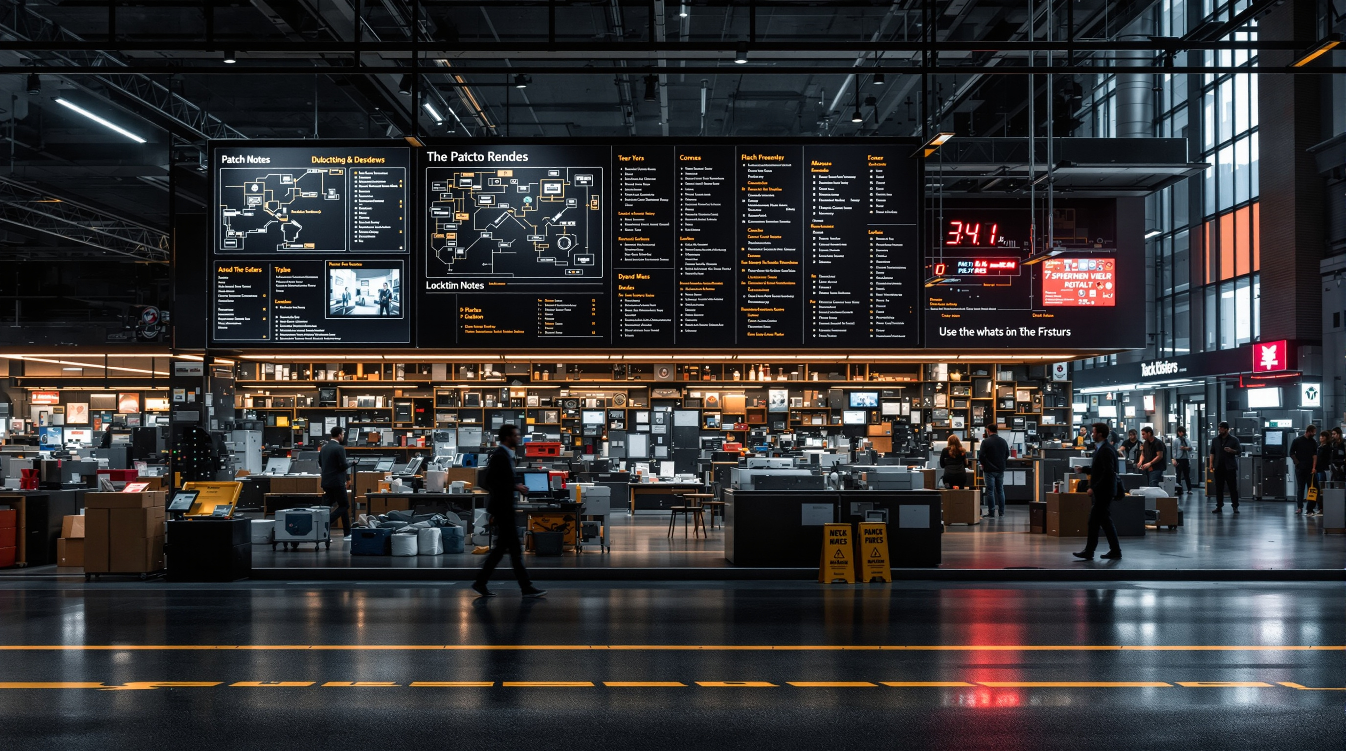 A dark industrial hall under a vast overhead information board covered in dense listings, with a red digital clock at its right edge and people walking past workbenches and shelving below