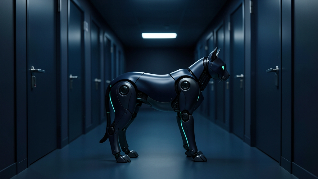 A dark navy robot cat with cyan edges in a long corridor of identical doors, each with a different lock