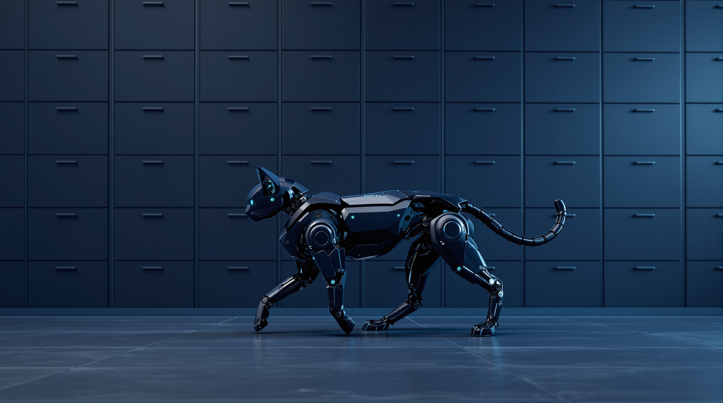 A glossy black robot cat with faint cyan seams walks in profile from left to right across a deep navy floor, a wall of shut steel drawers filling the frame behind it