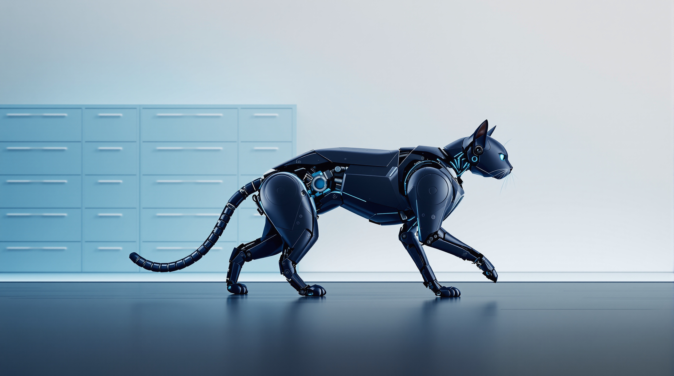 A dark navy robot cat with cyan edges in a wall of shallow steel drawers, most of them shut, a few standing open
