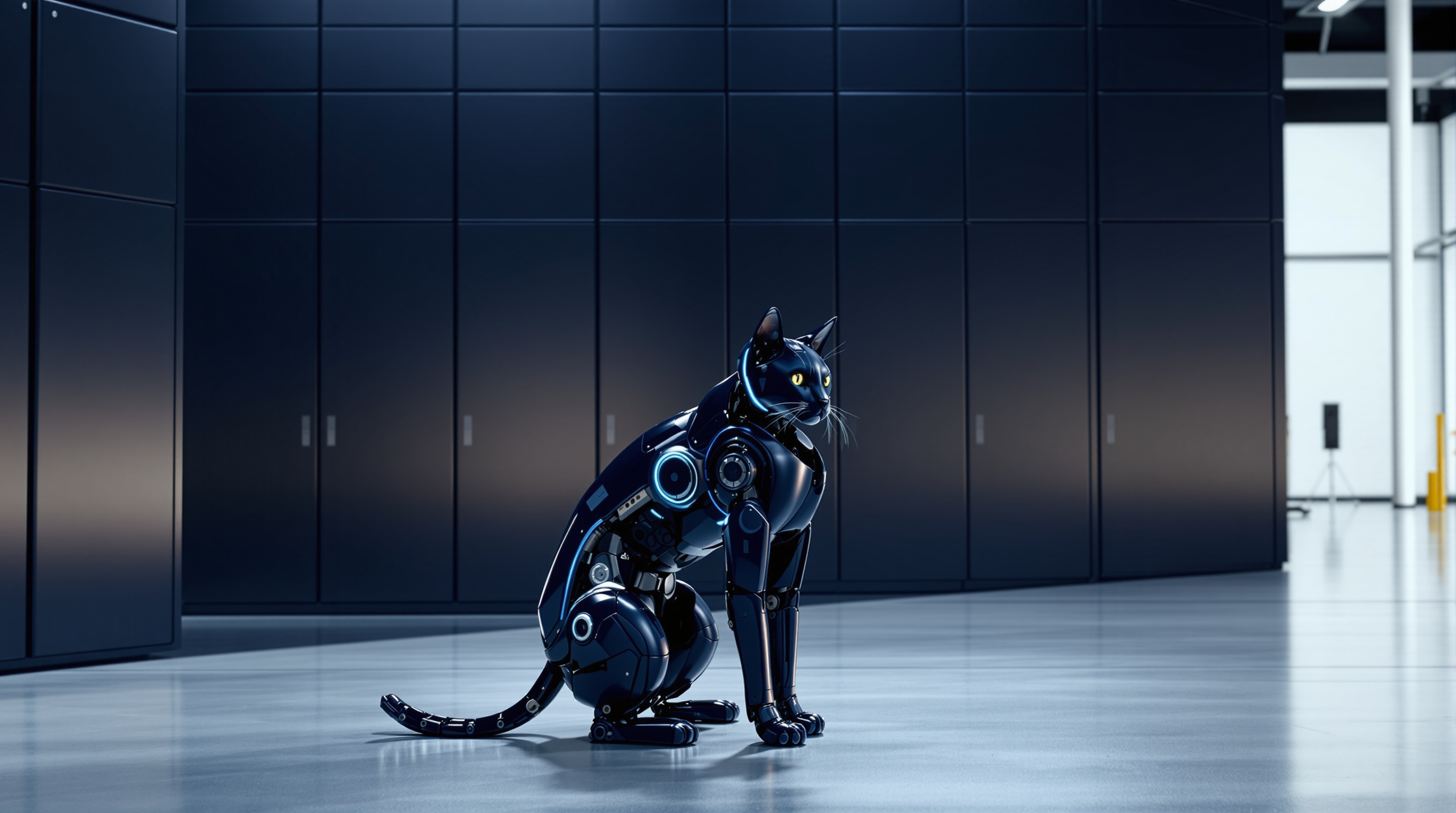 A black robot cat sits upright in front of a wall of tall navy cabinets, its head turned to look straight into the camera