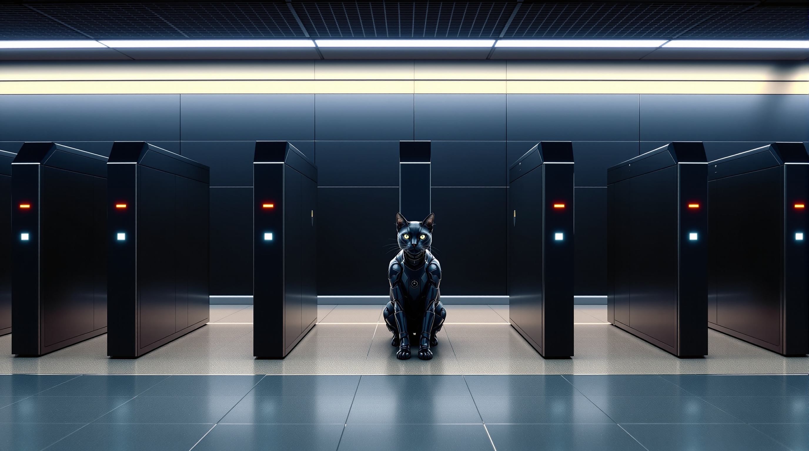 A dark navy robot cat with cyan edges in a rank of turnstile gates set into a low barrier across a concourse