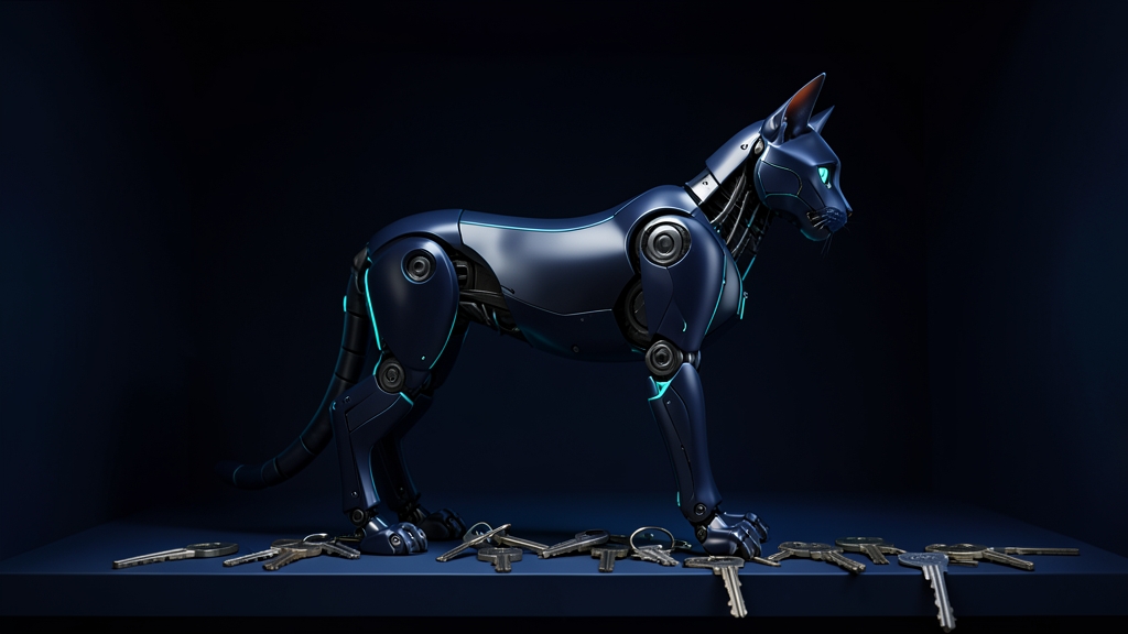 A dark navy robot cat with cyan edges in a shelf of keys, most of them unlabelled