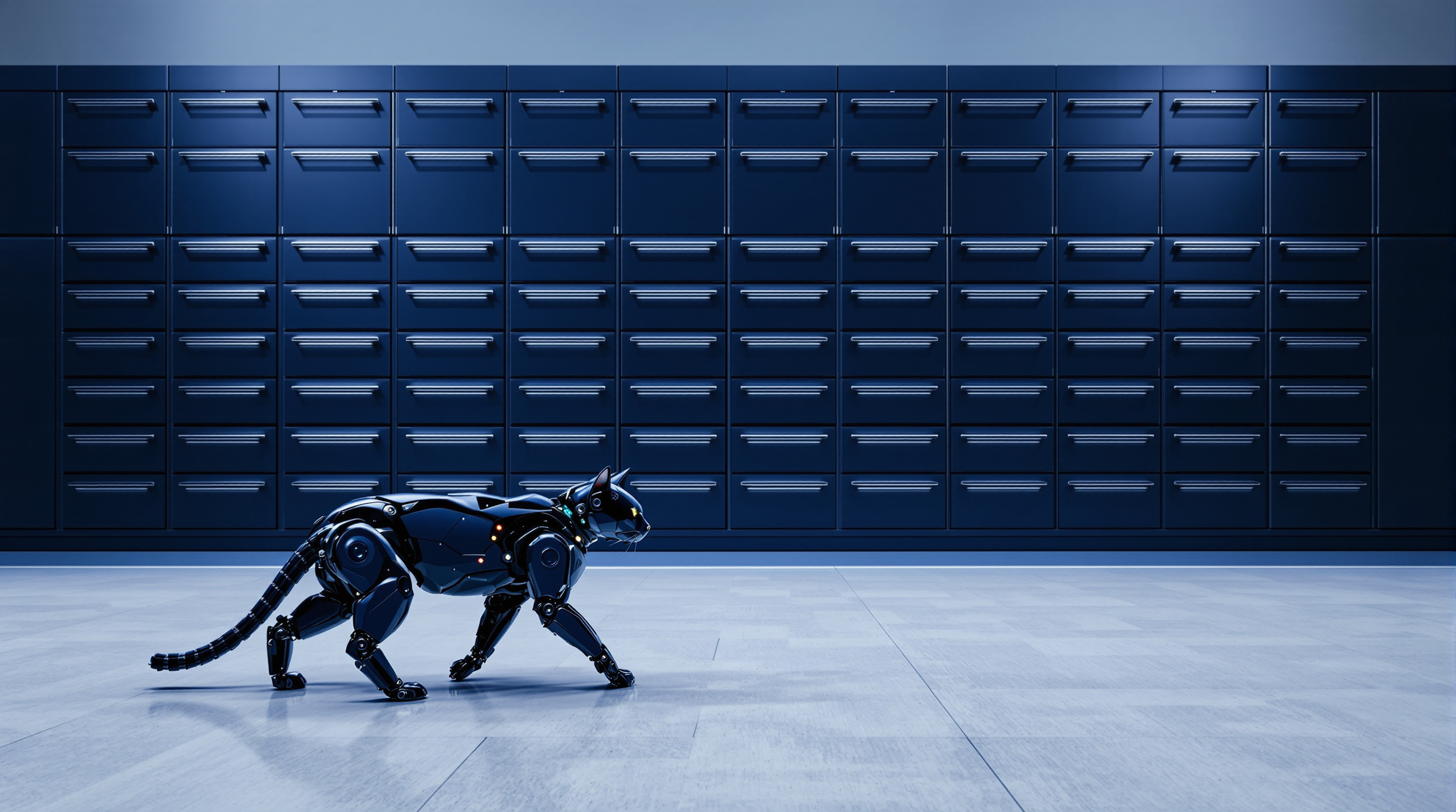 A black robot cat walks at a slight angle toward the camera across a pale floor, a wall of navy steel drawers running the full width of the frame behind it