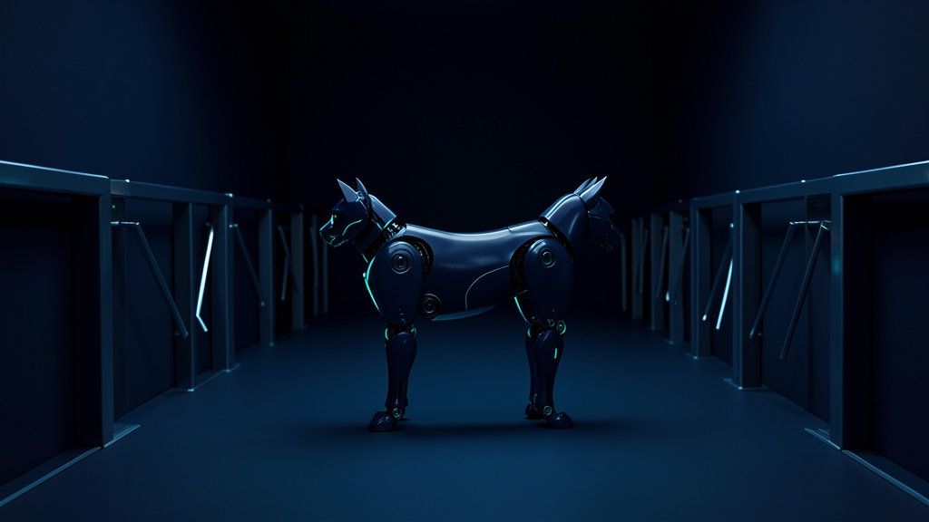 A dark navy robot cat with cyan edges in a hallway of turnstile gates set into a low barrier