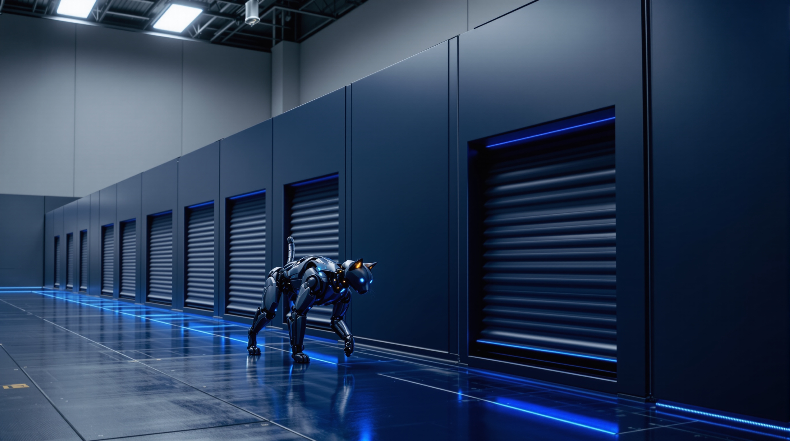 A black robot cat walks right to left along a long wall of navy roller shutters, a thin cyan line running the length of the floor beside it