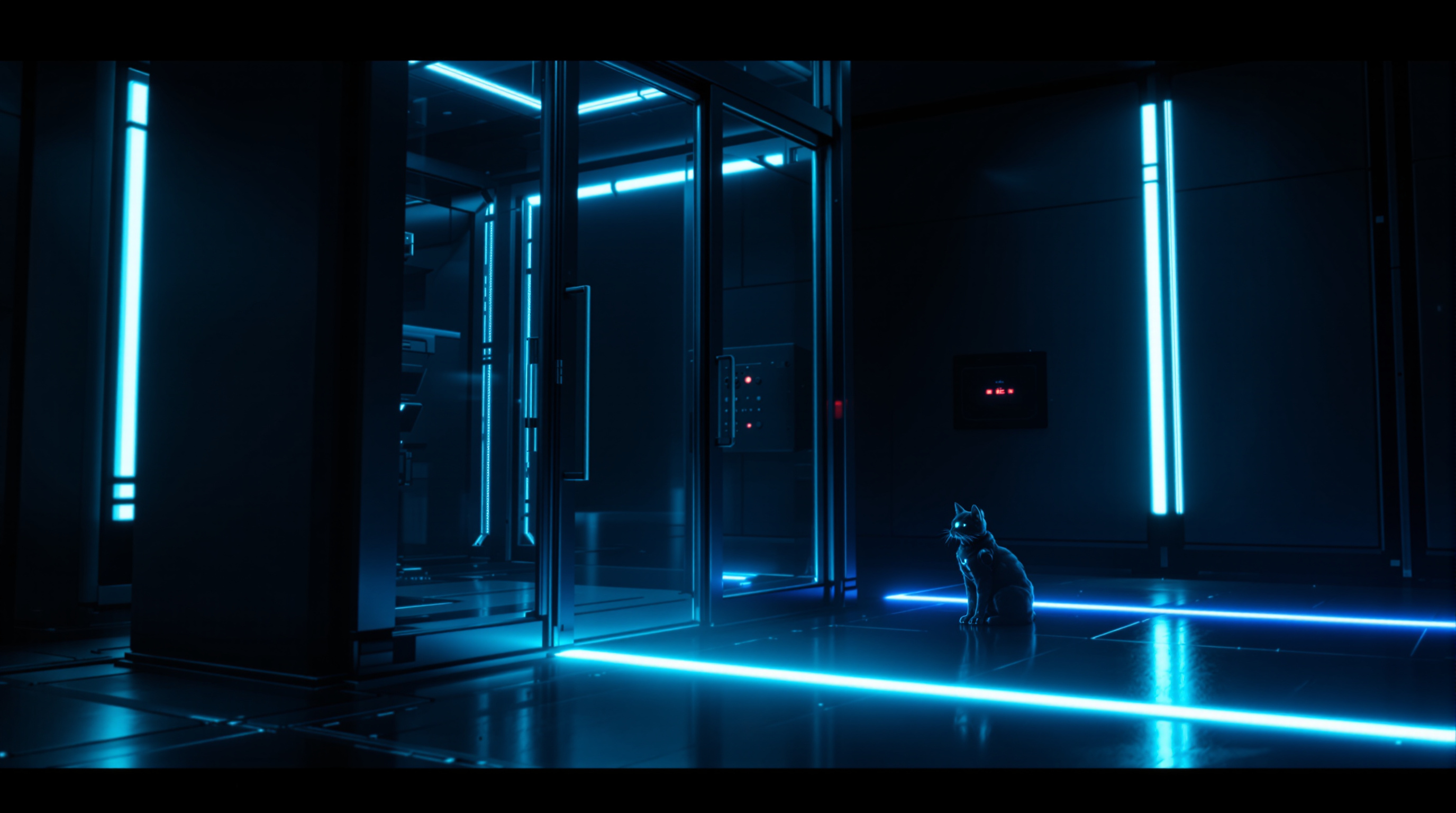 A robot cat sitting calmly on the floor of a dark containment chamber beside an open glass door, watching a bright ribbon of cyan light stream out across the polished floor
