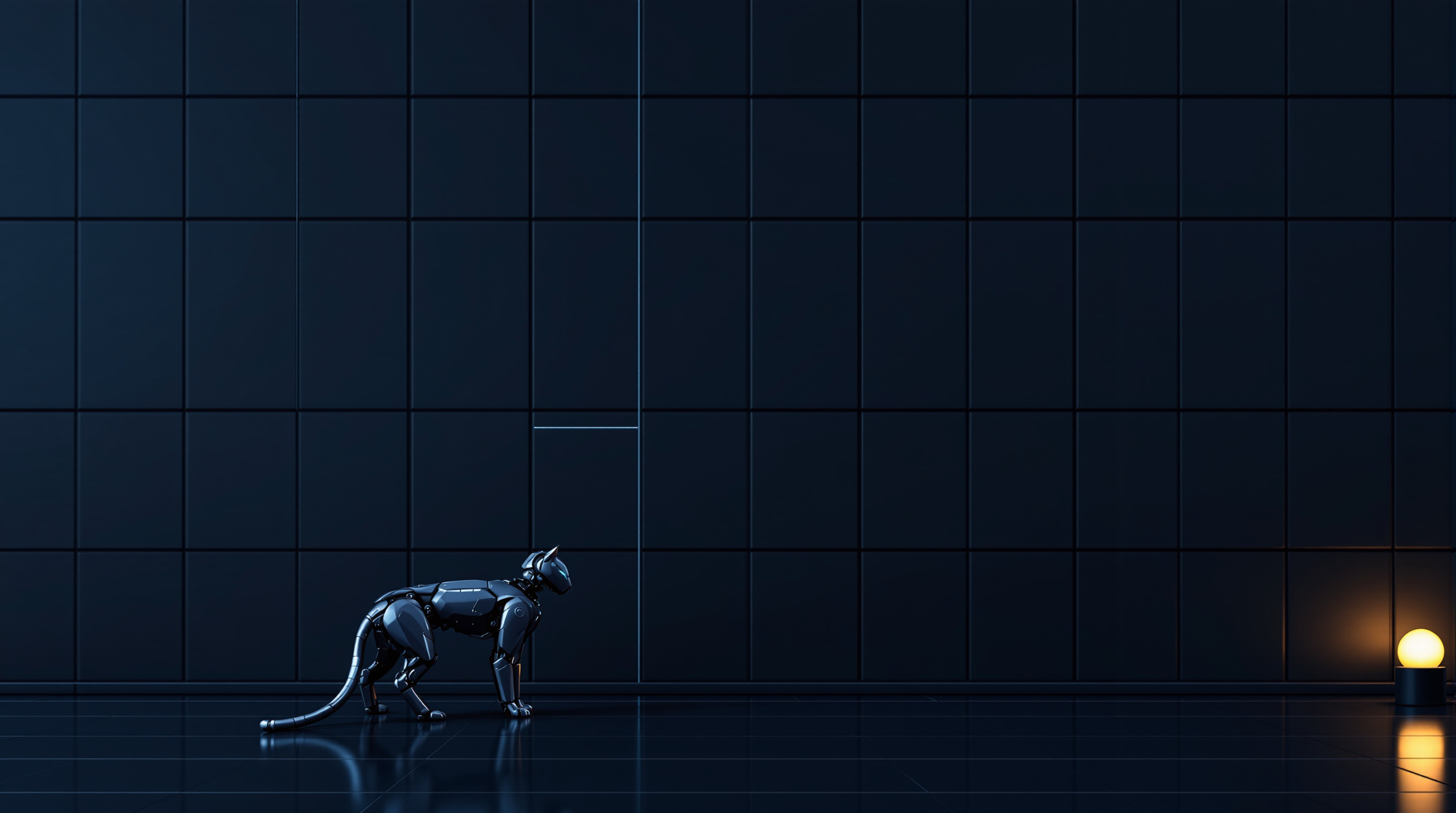 A single robot cat stands in profile on a dark navy floor, body held level on four legs, facing a tall dark panelled wall of blank rectangular sections traced with thin cyan lines, with one warm amber lamp at the right edge