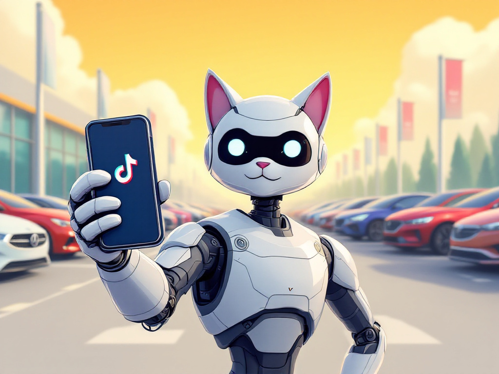 A robot cat holding up a phone showing the TikTok logo on a sunny dealership lot lined with cars