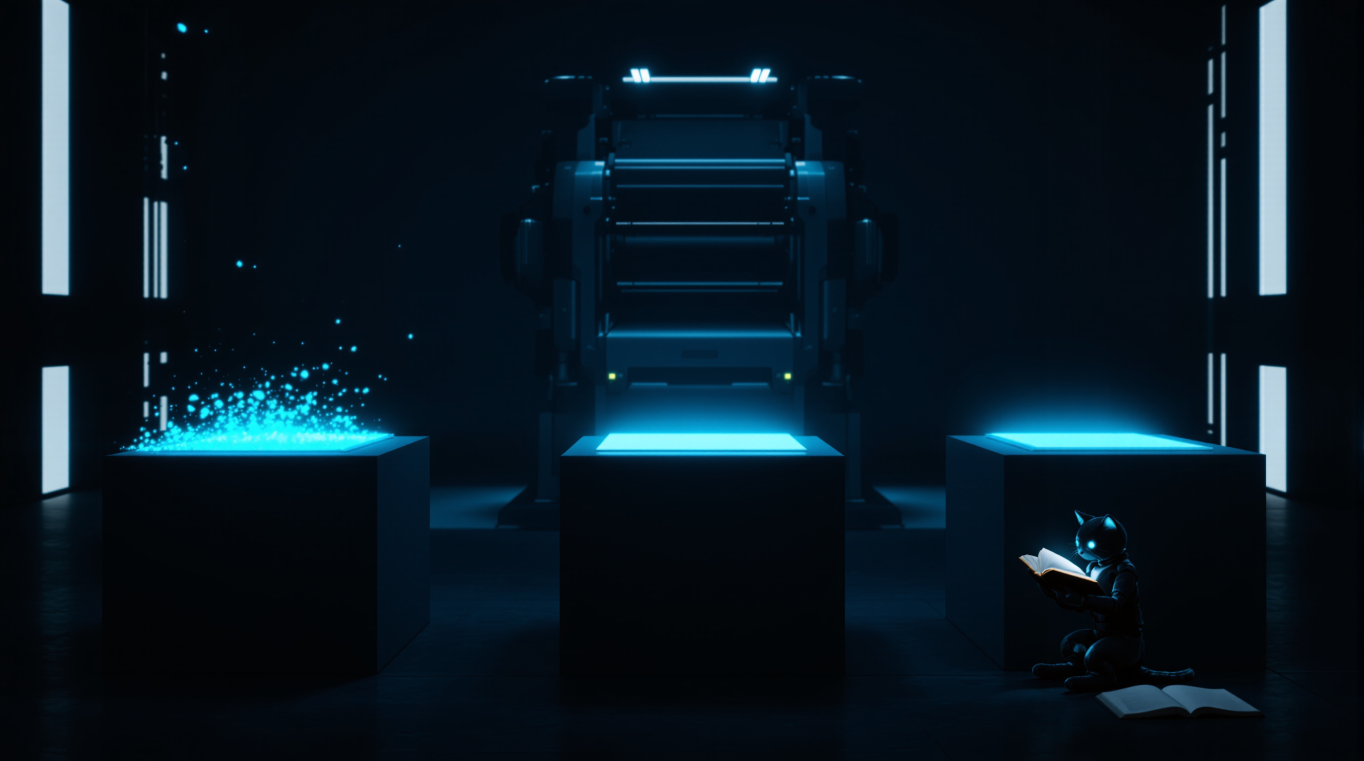 Three glowing pedestals in a dark navy hall, the leftmost dissolving into a cloud of cyan particles and an idle printing press looming behind them, while a small robot cat sits at the right reading an open book by its own light