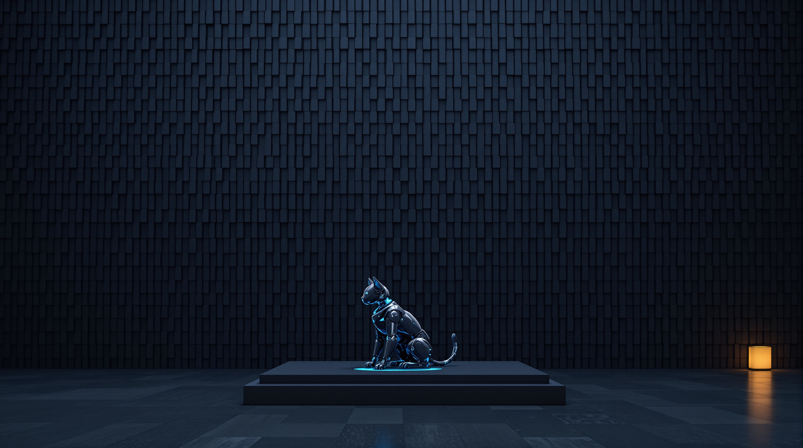 A single robot cat sits in profile on a low dark plinth on a dark navy floor, a thin cyan glow beneath it, facing a vast wall built of countless small dark stacked blocks that fills the frame behind it, with one small warm amber lamp at the right edge