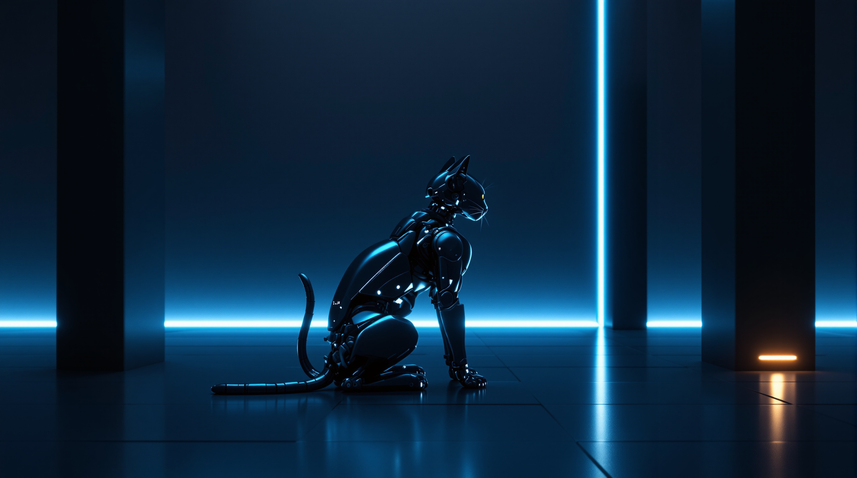 A single robot cat sits in profile on a dark navy floor between tall dark columns, lit by a horizontal cyan light strip along the wall behind it and one vertical cyan strip, with a small warm amber light low at the right edge