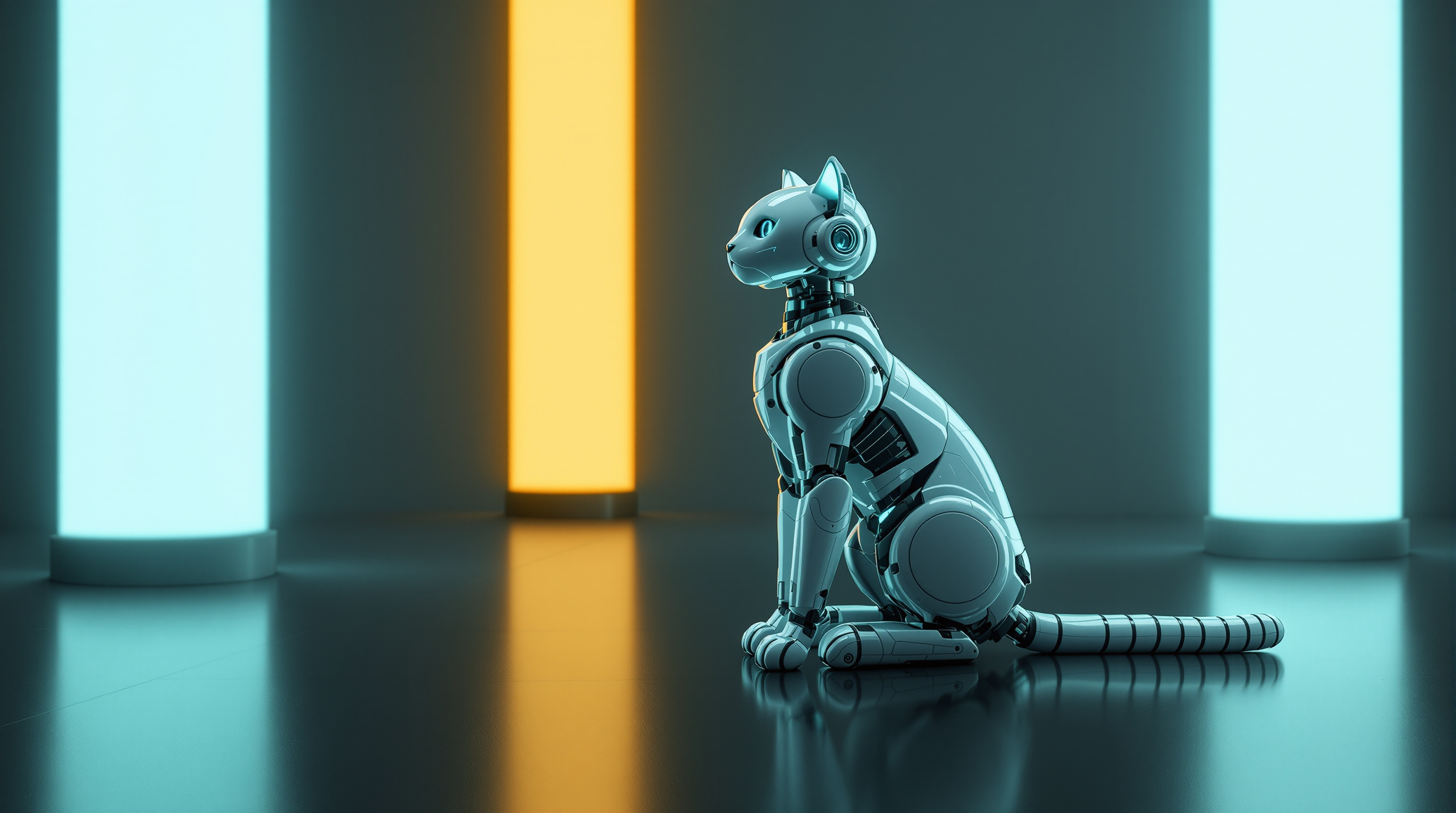 A single robot cat with pale plating and a long segmented tail sits in profile on a dark reflective floor, head turned to look ahead, between tall columns of soft light, cyan on both outer sides and one warm amber column glowing behind it