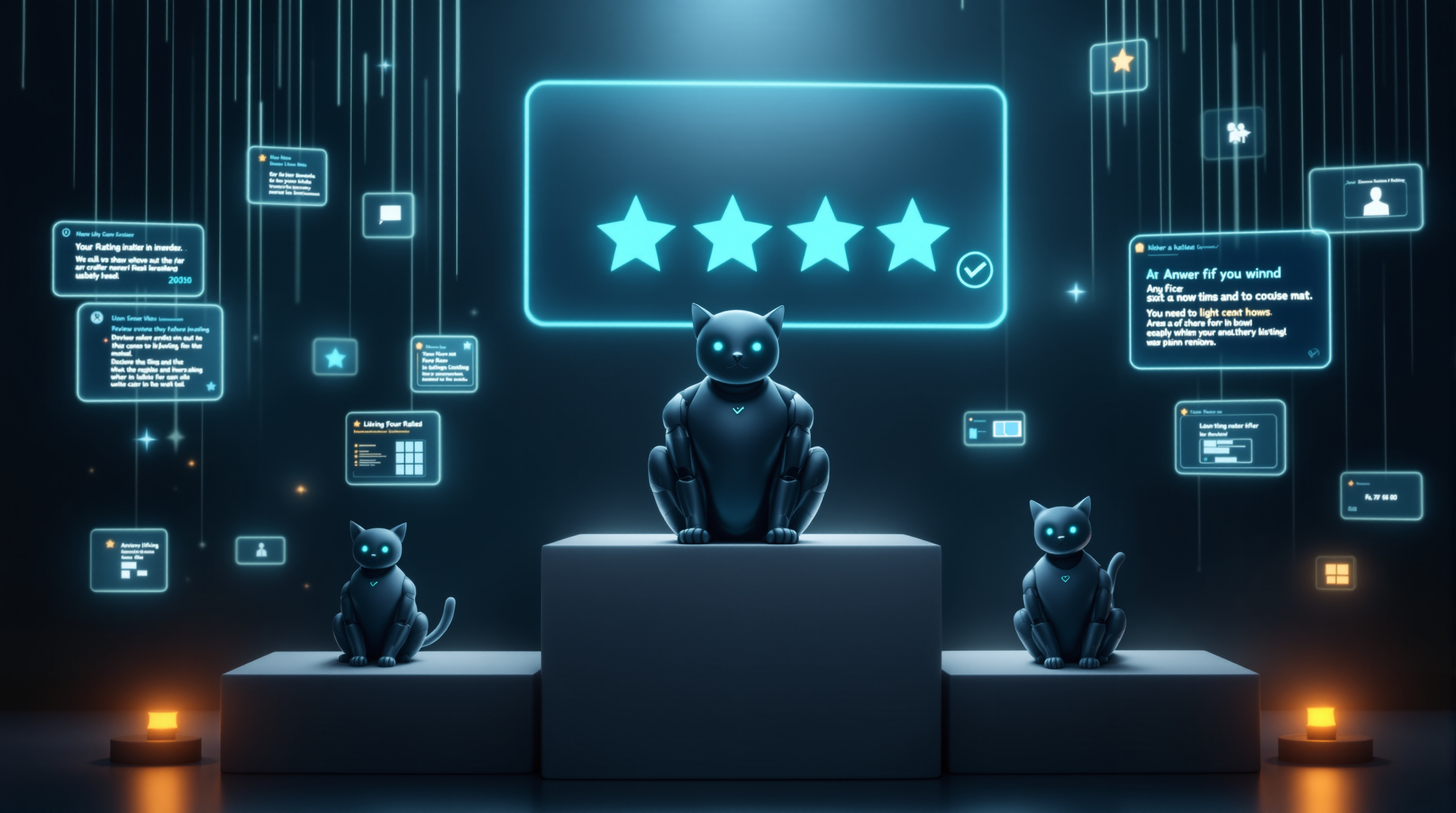 A robot cat sitting proudly atop the tallest block of a podium beneath a large holographic card of glowing cyan stars with a checkmark, flanked by two smaller robot cats on the lower blocks amid floating review panels