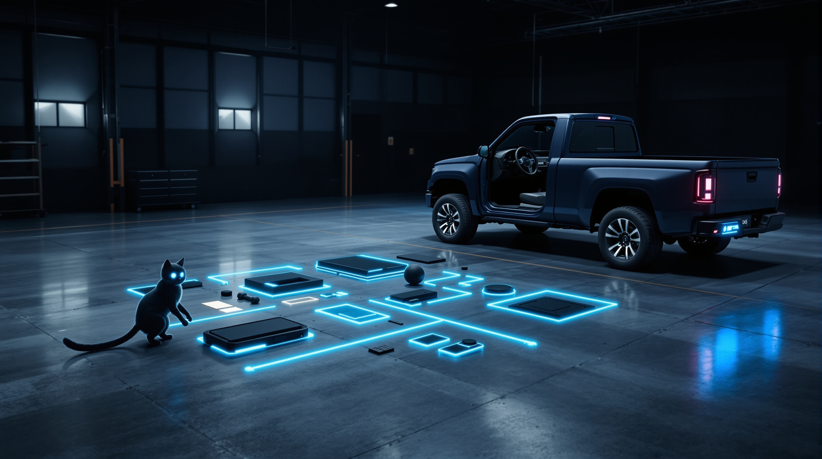 A dark cat with glowing cyan eyes reaches toward a grid of glowing cyan outlines laid out across a workshop floor, each outline holding a component removed from the navy pickup truck parked behind it with its door standing open